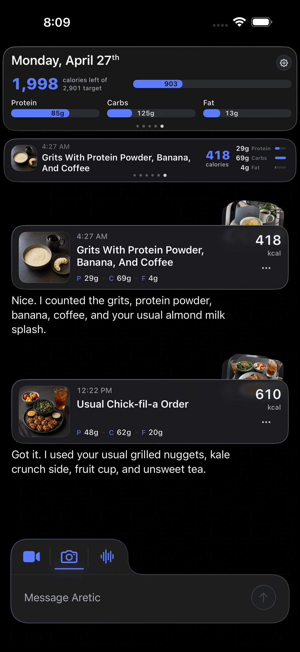 Aretic capture screen showing video, photo, and upload meal capture