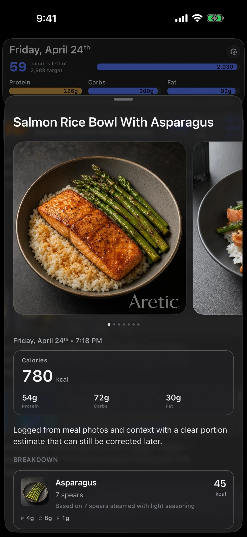Aretic meal detail screen showing a meal estimate and food context