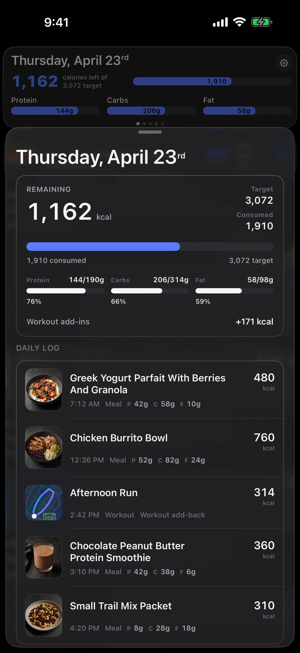 Aretic day view showing meals, macros, target, and daily log