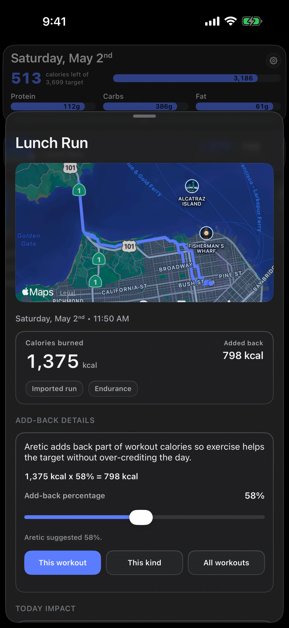 Aretic workout detail screen showing imported activity context