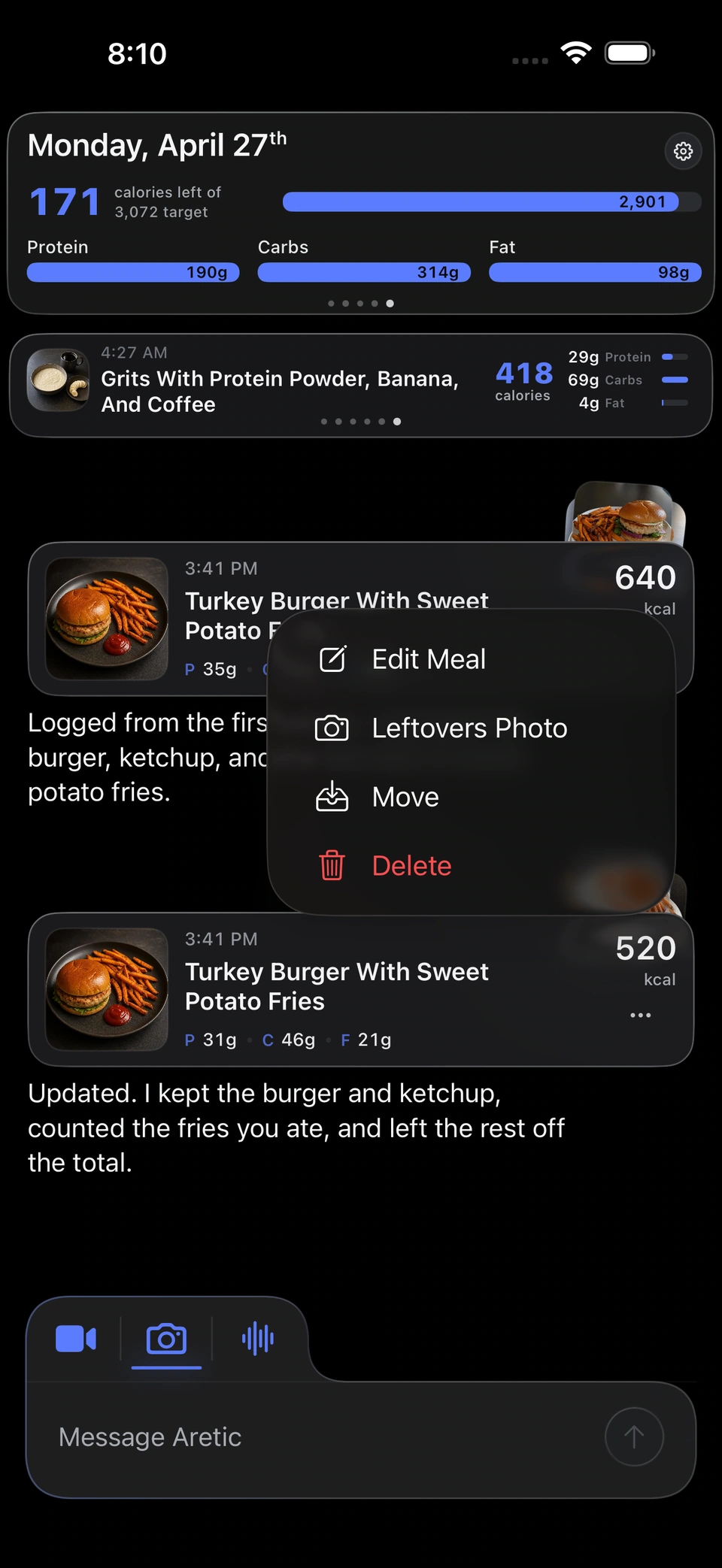 Aretic after-photo screen updating the same meal record