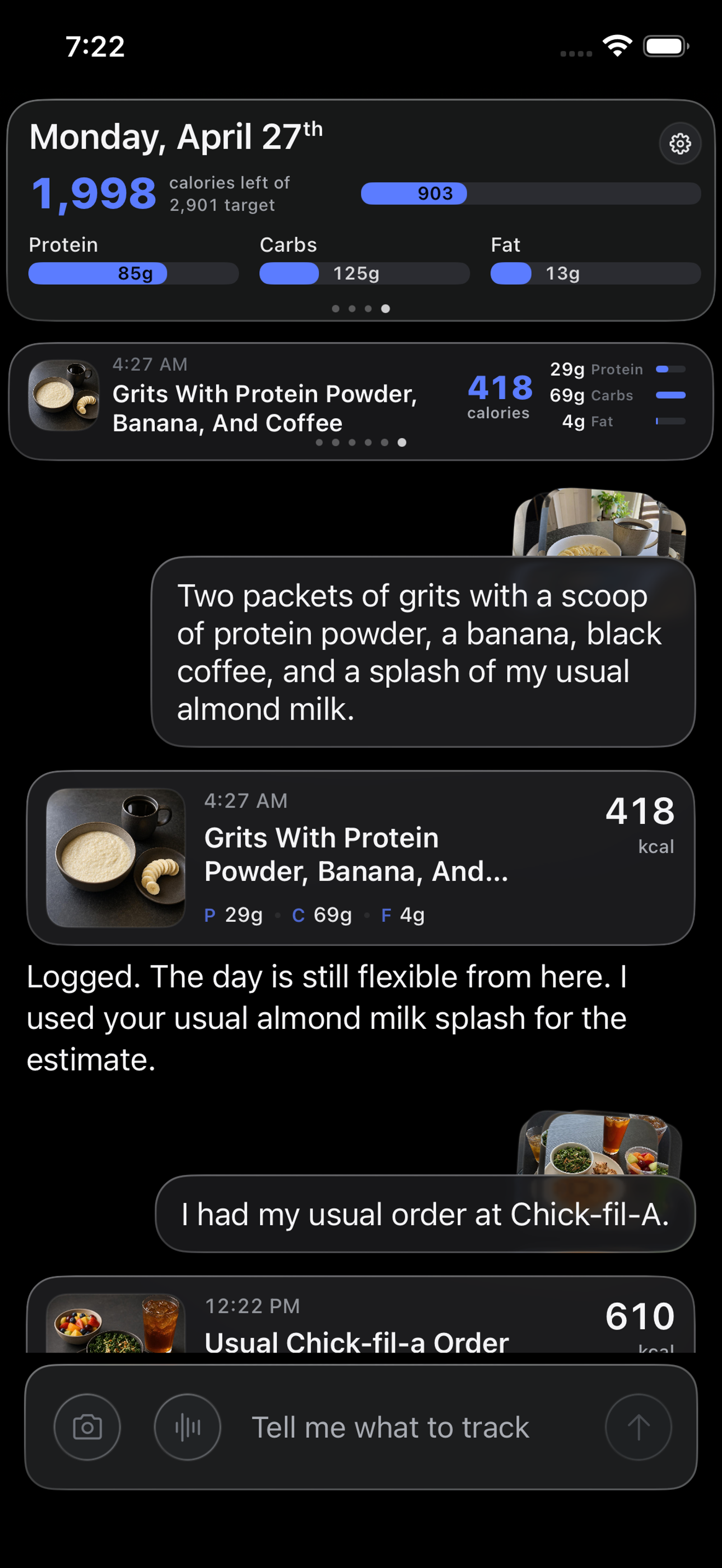 Aretic iPhone screen showing a meal estimate with readable nutrition detail